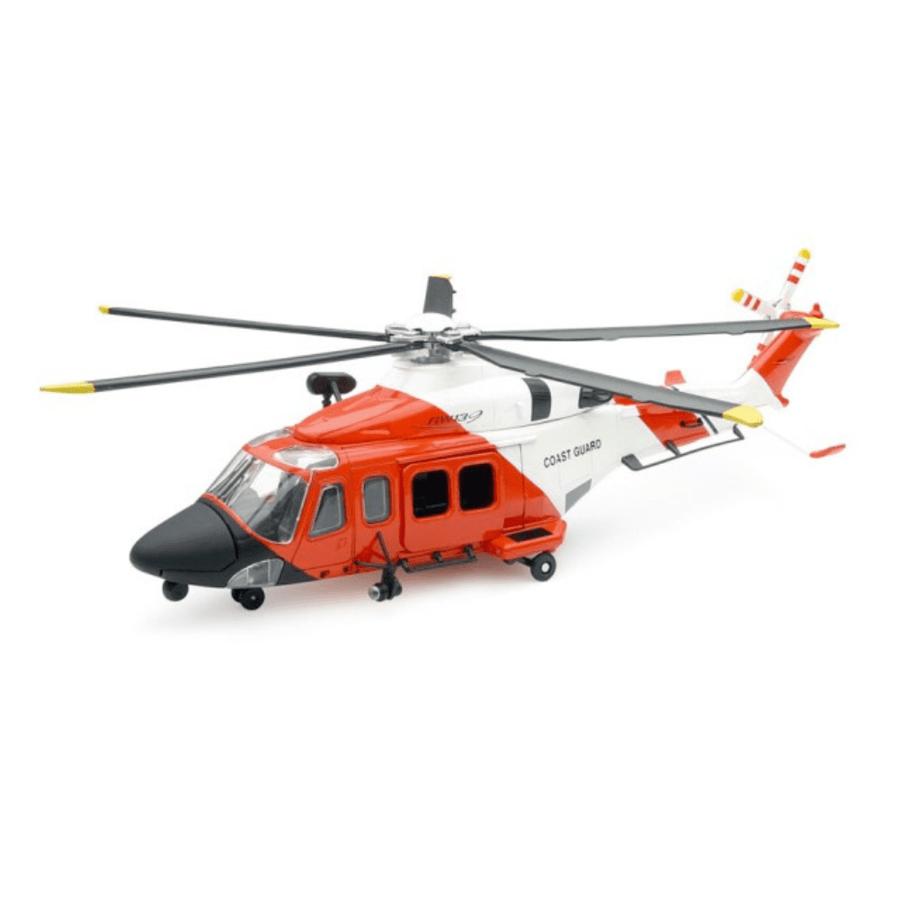 A gusta Westland AW139 - Coast Guard - Con espositore personalizzato per l'esposizione. Modello die cast in metallo con parti mobili. Marca: New-Ray Toys Co.Ltd.